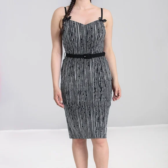 Hell Bunny Black & White Jack Striped Sheath Dress with Belt - Picture 1 of 6